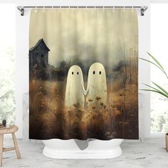 two white ghost like creatures standing in the middle of a field