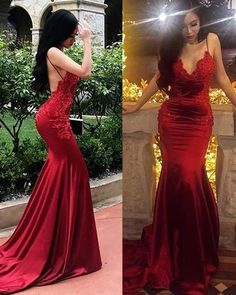 Women's Sexy Open Back Spaghetti Straps Evening Party Gown Mermaid Appliques Formal Prom Dress Long 2020 A639 sold by Abcdress on Storenvy Burgundy Formal Dress, Prom Dresses Burgundy, Formal Prom Dresses Long, Mermaid Prom Dress, Prom Dresses 2021, V Neck Prom Dresses, Evening Party Gowns, Party Gown, Red Dresses