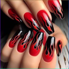 Nails Acrylic Fire Flames, Gel Nails Flames, Black And Red Fire Nails, Red Fire Nails Designs, 1950s Nails Ideas, Fire Nail Art Design, Fire Nails Acrylic, Acdc Nails, Red Flames Nails