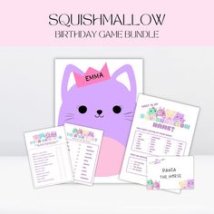 a purple cat with a pink crown on it's head and the words squissimallow birthday game bundle