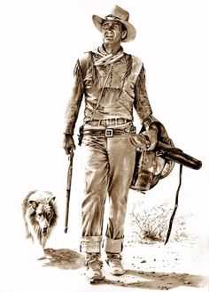 a black and white drawing of a man in cowboy attire with a dog walking behind him