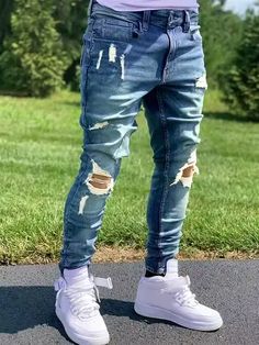 Men's Cotton Ripped Denim Pants - Trendy Casual Slim Jeans As Gift - Men's Clothing - Temu South Africa Stylish Men Casual Coats & Jackets, Men Jeans Outfit, Mens Jeans Outfit, Jeans For Men Fashion, Stylish Jeans For Men, Mens Distressed Jeans, Street Style Jeans, Slim Fit Ripped Jeans, Ripped Jeans Casual