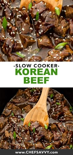 slow cooker korean beef with sesame seeds and green onions in a skillet on the side