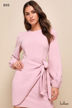 It's hard to believe a dress as cute as the Lulus Believe It or Knot Rose Pink Long Sleeve Tie-Front Skater Dress is real! Lightweight woven fabric shapes a high rounded neckline, a darted bodice, and long sleeves with elastic cuffs and shoulder ruching. A cute tying detail at the mini skirt lends a wrap look. Hidden back zipper/clasp. Fit: This garment fits true to size. Length: Mid-thigh. Size medium measures 34.5" from shoulder to hem. Bust: Great for any cup size. Waist: Fitted - very fitted Long Sleeve Skater Dress, Dress With Tie, Pink Long Sleeve, It's Hard, Dress 100, Rose Pink, Skater Dress, Pink Roses, Woven Fabric