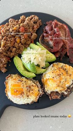 the plate has eggs, avocado, meat and other food items on it