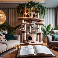 a cat tree in the middle of a living room filled with furniture and bookshelves