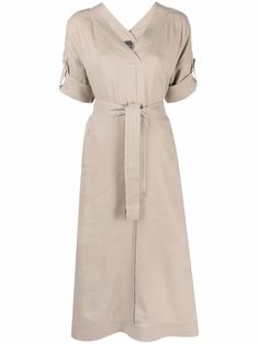 Beige linen blend belted midi dress from LORENA ANTONIAZZI featuring V-neck, V-back, short rolled sleeves, belted waist and knee-length. POSITIVELY CONSCIOUS: This Planet Conscious product contains at least 50% eco-materials, which are independently certified as or widely recognised for having a lower environmental impact.. | Lorena Antoniazzi Belted Midi Dress Beige Button-down Midi Dress, Beige Linen Button-up Shirt Dress, Beige Button-up Linen Dress, Luxury Beige Button-up Dress, Linen Belted V-neck Midi Dress, Belted Shift Dress, Eco Materials, Belted Midi Dress, Rolled Sleeves