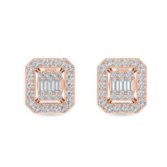 Crafted in 2.4 grams of 14K Gold, the earrings contains 48 stone of Round Natural Diamond with a total of 0.37 carat in G-H color and I1-I2 clarity combined with 6 stone of Baguette Natural Diamond with a total of 0.12 carat in G-H color and I1-I2 clarity. Rose Gold Diamond Earrings With Baguette Diamonds, Rose Gold Baguette Diamond Anniversary Earrings, Rose Gold Baguette Cut Diamond Earrings, Rose Gold Baguette Cut Earrings For Anniversary, Rose Gold Baguette Diamond Earrings For Anniversary, Rose Gold Baguette Diamond Earrings For Formal Events, Diamond Baguette, Halo Stud Earrings, Halo Earrings Studs