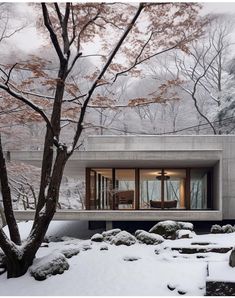 the house is surrounded by snow covered trees and rocks, with large windows on each side