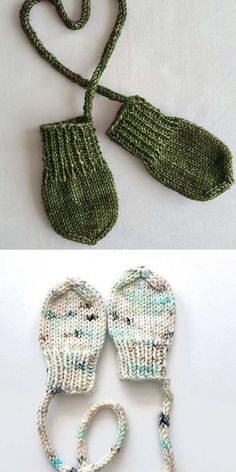 knitted mittens and gloves are shown in two different pictures, one is green and the other is white