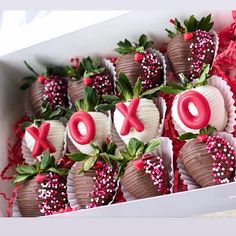 chocolate covered strawberries in a box with the word xoxo spelled on them