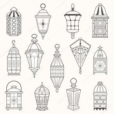 different types of lanterns and lamps on a white background, hand drawn doodle style