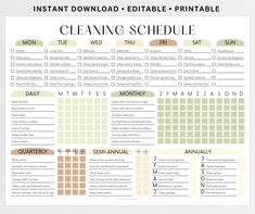 a printable cleaning schedule with the words, instant and editable for each month