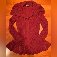 Classic Flattering Cardigan In A Deep Red. Peplum Stole And Hard To Find. Wasn’t My Size So I Tried On Once. Questions? Leave A Comment Below! Alexander Mcqueen Red, Sweater Jackets, Peplum Sweater, My Size, Red Wool, Wool Cardigan, Deep Red, Sweater Jacket, Colorful Sweaters