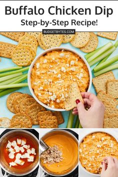 the steps to make buffalo chicken dip in a bowl with crackers and celery