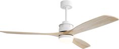 a white ceiling fan with wooden blades and a light on the blade is shown in front of a white background