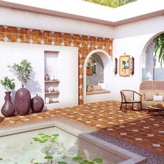 an artistic rendering of a patio with potted plants