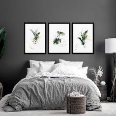 a bedroom with grey walls and white bedding, two framed paintings on the wall