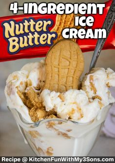 an ice cream sundae with a cookie on top and the words, 4 ingredient nutter butter ice cream