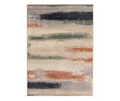 an abstract rug with multicolored stripes on the bottom, and black, white, red, green, orange, beige, and grey colors