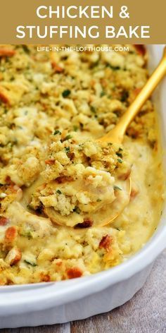 chicken and stuffing bake in a white casserole dish with a yellow spoon