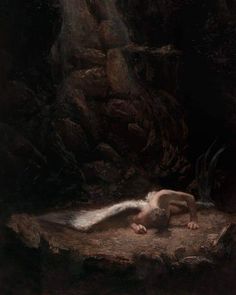 a painting of a naked man laying on a rock with a bird in the background