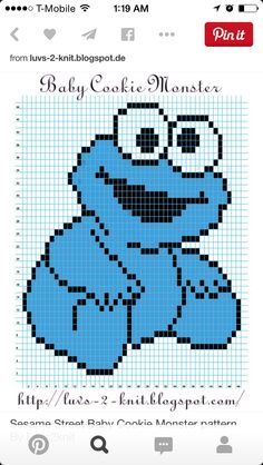 a cross stitch pattern with an image of a baby cookie monster in blue and black