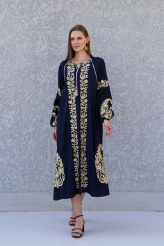 Feel like a bohemian queen in this eccentric and beautiful embroidered tunic dress. The dress is made of Linen and Egyptian cotton which is widely renowned for its quality and texture. The dress is light and extremely soft and can be used on many occasions - beach, lounge, or even in your home to feel comfortable.  Fabric : 80% Linen; 20% Egyptian Cotton. Tunic measurements in inches : Small (Size 4/6 USA) Bust : 36-37   Hip : 40-41   Medium (Size 8/10 USA) Bust : 39-40 Hip : 45-46  Large (Size Blue Bohemian Dress With Chikankari Embroidery, Bohemian Blue Chikankari Embroidered Dress, Blue Bohemian Chikankari Embroidered Dress, Folk Style Tunic Dress With Chikankari Embroidery, Bohemian Long Sleeve Kurta With Embroidered Hem, Bohemian Long Kaftan With Gold Embroidery, Bohemian Maxi Dress With Gold Embroidery, Long Bohemian Kaftan With Gold Embroidery, Bohemian Tunic Abaya With Embroidery