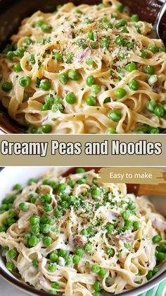 creamy peas and noodles in a bowl with text overlay