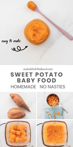 sweet potato baby food in a glass bowl with spoons and potatoes on the side