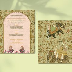 Inspired by palatial opulence, this wedding invite was designed for a traditional affair. The wedding venue being Mysore, a lot of inspiration was drawn from tropical foliage & intricate details of a South Indian Palace, christened with the grandeur of quintessential Mysore elephants. We designed the invite card with inserts and an envelope, stationery for the couple and a few giveaways at the wedding. Indian Palace, Illustrations Ideas, Square Wedding Invitations, Wardrobe Planner, Invites Wedding, Invite Card