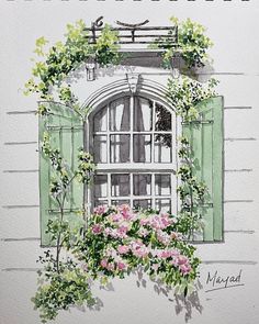 a watercolor painting of a window with green shutters and pink flowers