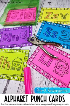 printable alphabet punch cards for kids to practice letters and numbers with the help of scissors