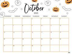 the october calendar with pumpkins and bats