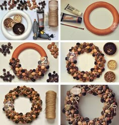 four pictures showing different types of wreaths made out of nuts and other things that are on the table