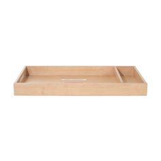 a wooden tray with two compartments on the bottom and one in the middle, against a white background