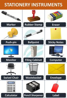 an image of stationery instruments that are labeled in english and spanish, with the words stationery instruments