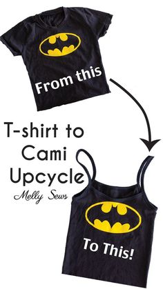 two t - shirts with batman logos on them and the words, from this to cami upcycle