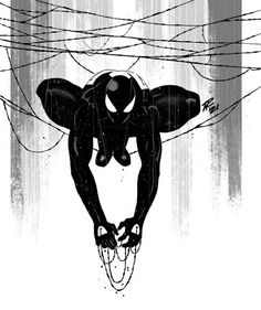 a black and white drawing of a spider - man hanging upside down with wires in the background