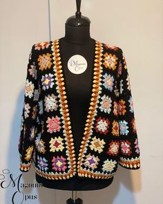 Granny Square Cardigan, Crochet Jacket, Crochet Sweater, Hand Knitted Coat, Oversize Cardigan, Colorful Sweater, Loose Cardigan, Hippie Coat Multicolor Long Sleeve Knitted Outerwear, Multicolor Knitted Long Sleeve Outerwear, Black Long Sleeve Granny Square Cardigan, Multicolor Hand-knitted Long Sleeve Cardigan, Multicolor Hand Knitted Long Sleeve Cardigan, Handmade Multicolor Vintage Outerwear, Vintage Multicolor Granny Square Outerwear, Handmade Vintage Multicolor Outerwear, One Size Multicolor Crochet Outerwear