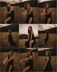 a collage of photos of a woman sitting in a chair and posing for the camera