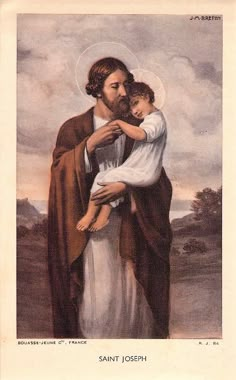 a painting of jesus holding a child in his arms