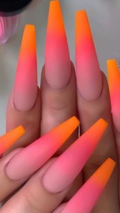 Summer Nails Ideas Acrylic Bright Colors Art Designs, Ballerina Nails Long Summer, Summer Bright Nails 2023, Pink And Orange Ombre Acrylic Nails, Ombre Neon Nails Summer, Bright Summer Acrylic Nails Orange, Neon Stilletos Nails, Neutral Color Nails Acrylic, Bright Summer Acrylic Nails Coffin