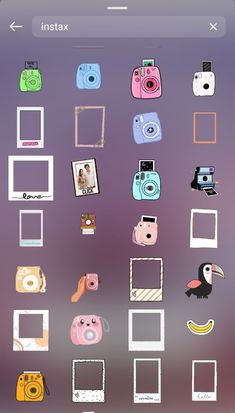 an iphone screen with various stickers and pictures on the back, including polaroid frames