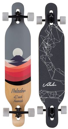 two skateboards are shown side by side with the same design on one board and the other