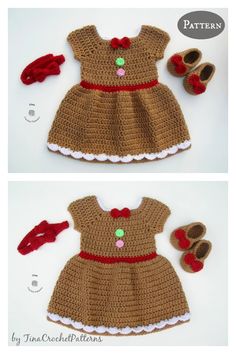 crocheted baby dress and booties are shown in two different pictures, one is brown