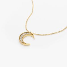 14k Gold Mini Crescent Moon Diamond Necklace – FERKOS FJ Diamond Moon Necklace, Gold Moon Necklace, Crescent Necklace, Crescent Moon Pendant, White Gold Pendant, Crescent Moon Necklace, Gold Moon, Pave Setting, Moon Pendant