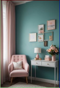 a pink chair sitting in front of a white table with flowers on top of it