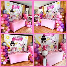 a pink birthday party with balloons and decorations