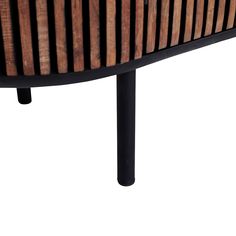 a close up of a wooden bench with black legs and wood slats on it